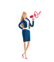 Sticker - 3d illustration. Young business woman Emma standing with a loudspeaker on a white background.