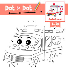 Wall Mural - Dot to dot educational game and Coloring book Ambulance cartoon character perspective view vector illustration