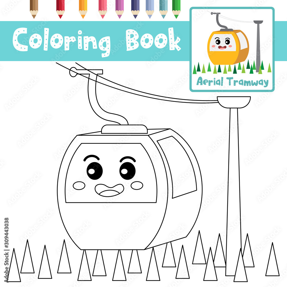 Coloring page Aerial Tramway cartoon character perspective view vector ...