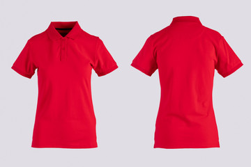 Wall Mural - red womens blank polo shirt, front and back view isolated on white on invisible mannequin