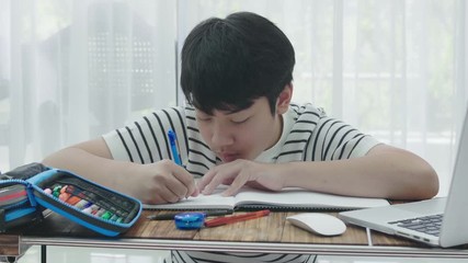 Wall Mural - Asian teen boy doing your homework with laptop computer at home.