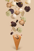 Ice Cremes With Vanilla, Pistachio And Chocolate Flavor.