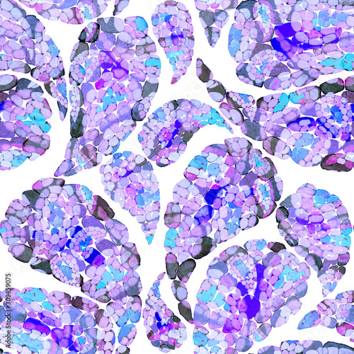 Watercolor seamless pattern with paisley in mosaic style. Tribal ethnic seaml...