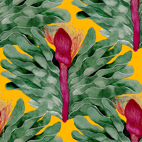 Watercolor seamless pattern with tropical leaves and flowers. Beautiful allov...
