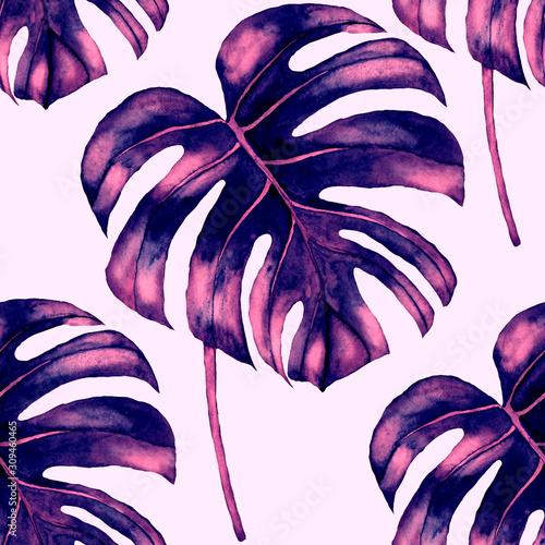 Watercolor seamless pattern with tropical leaves and flowers. Beautiful allov...