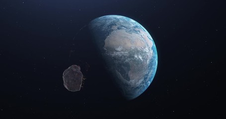 Wall Mural - Trajectory of asteroid, meteor or rock approaching and flying near the earth planet, concept of apocalypse, risk, space attack and damage. Black starry space in the bottom. 