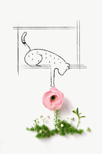 Cute Little Cat Sitting Near Pink Flower.