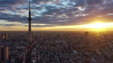 Aerial View 4k Video By Drone Of Building Tokyo Sky Tree In Tokyo City  Japan On Sunrise.