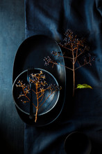 Beautiful Crockery Styled With Twigs And Berries On A Dark Blue Tablecloth