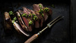 © Nadine Greeff/Stocksy - Roast beef with herb chimichurri sauce