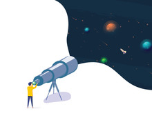 Man Watching Night Starry Sky Through Telescope. Astronomy Science Hobby, Isolated Illustration. Guy Looking At Stars