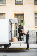 Movers Unloading Potted Plant From Delivery Van On Street In City
