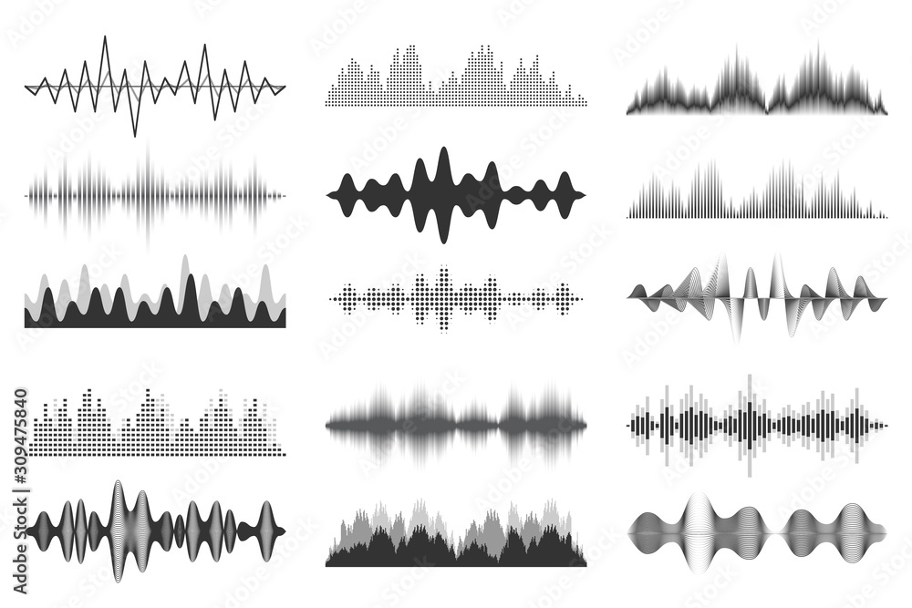 Sound waves collection. Analog and digital audio signal. Music equalizer. Interference voice recording. High frequency radio wave. Vector illustration. - obrazy, fototapety, plakaty 