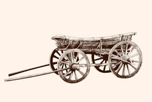 An Old Wooden Cart On Four Wheels For A Horse Harness. Pencil Drawing By Hand.