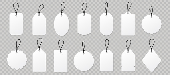 set blank white paper price tags or gift tags. paper labels with cord. set template shopping labels 