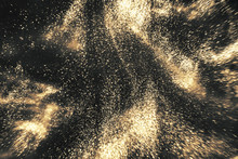 Abstract Elegant, Detailed Black And Gold Glitter Shimmer Particles Flow With Shallow Depth Of Field. Holiday Magic Shimmering Luxury Background. Festive Sparkles And Lights. De-focused.