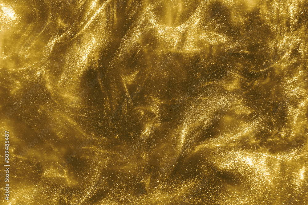 Abstract elegant, detailed gold glitter particles flow with shallow depth of field underwater. Holiday magic shimmering luxury background. Festive sparkles and lights. de-focused. - obrazy, fototapety, plakaty 