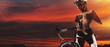 Panoramic bright sunset cloudy sky, naked cyclist sexy slim woman topless cover breast with hands pose standing on bike wearing activewear helmet posing outdoors. Beauty, lifestyle concept, copy space