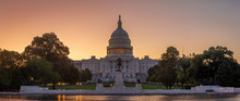 Panoramic Image Of The Capitol Of The United States With The Capitol Reflecting Pool In Morning Light.