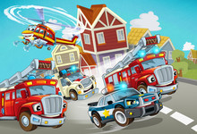 Cartoon Scene With Fireman Vehicle On The Road With Police Car And Ambulance - Illustration For Children