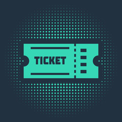 Green Ticket icon isolated on blue background. Abstract circle random dots. Vector Illustration