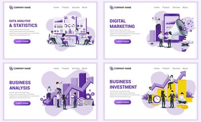Wall Mural - Set of web page design templates for business marketing, investment, analysis. Can use for web banner, poster, infographics, landing page, web template. Flat vector illustration
