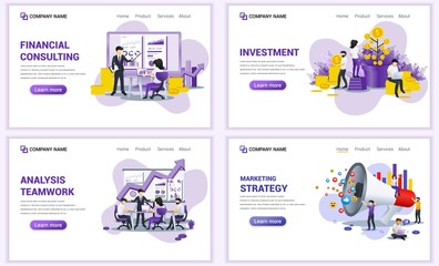 Wall Mural - Set of web page design templates for marketing strategy, financial investment and consulting. Can use for web banner, poster, infographics, landing page, web template. Flat vector illustration