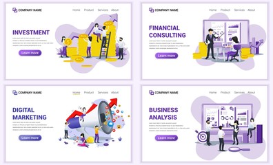 Wall Mural - Set of web page design templates for financial investment, consulting, analysis. Can use for web banner, poster, infographics, landing page, web template. Flat vector illustration