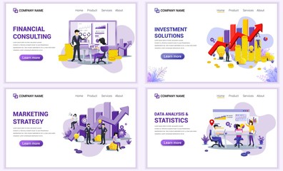 Wall Mural - Set of web page design templates for financial consulting and investment, analysis statistics. Can use for web banner, poster, infographics, landing page, web template. Flat vector illustration