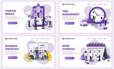 Wall Mural - Set of web page design templates for startup, analysis, work schedule, time management. Can use for web banner, poster, infographics, landing page, web template. Flat vector illustration