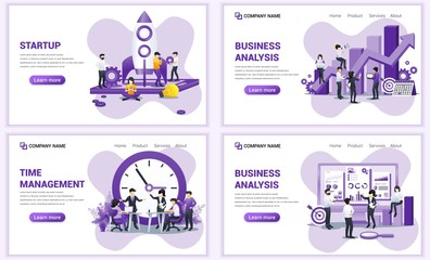 Wall Mural - Set of web page design templates for startup, business analysis, time management. Can use for web banner, poster, infographics, landing page, web template. Flat vector illustration
