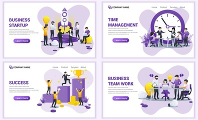 Wall Mural - Set of web page design templates for business startup, time management, team work. Can use for web banner, poster, infographics, landing page, web template. Flat vector illustration