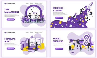 Wall Mural - Set of web page design templates for business startup, target business, financial audit management. Can use for web banner, poster, infographics, landing page, web template. Flat vector illustration