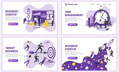 Wall Mural - Set of web page design templates for business startup, target business, time management. Can use for web banner, poster, infographics, landing page, web template. Flat vector illustration