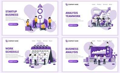 Wall Mural - Set of web page design templates for business startup, planning schedule, analysis team work. Can use for web banner, poster, infographics, landing page, web template. Flat vector illustration