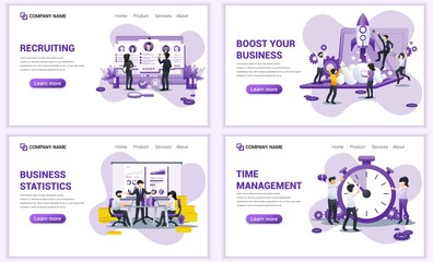 Wall Mural - Set of web page design templates for business startup, recruiting, time management. Can use for web banner, poster, infographics, landing page, web template. Flat vector illustration