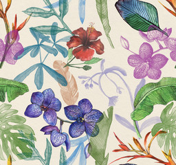 Seamless watercolor pattern with tropical flowers, magnolia, orange flower, vanilla orchid, tropical leaves, banana leaves