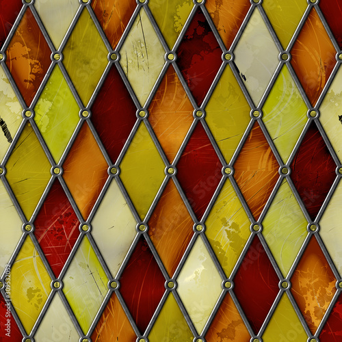 Obraz w ramie Stained glass seamless texture, colored grunge with rhombus pattern, 3d illustration