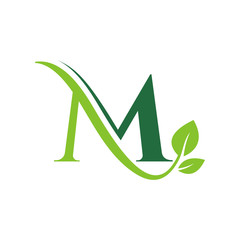 Initial Letter M With Leaf Luxury Logo. Green leaf logo Template vector Design.