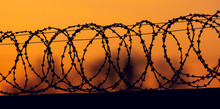 Barbed Wire On The Fence Against The Backdrop Of The Sunset.