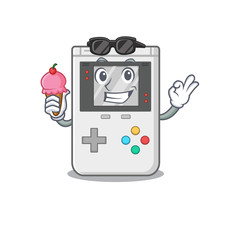 Sticker - Happy cartoon of handheld game Scroll with ice cream