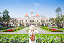 Tourist Woman Is Sightseeing At Famous Landmark Of Hochiminh City "People's Of Committee Of Hochiminh City" In Vietnam.