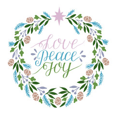 Poster - Holiday card, made hand lettering Love, Peace, Joy.