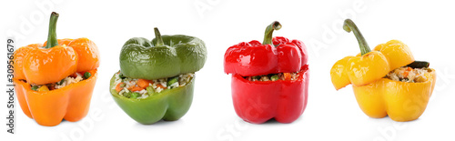 Fotomural Set of delicious stuffed bell peppers on white background
