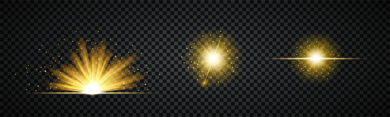 Wall Mural - three different light burst effects or bright explosions on black with fiery sparks and emanating ra