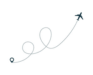 Wall Mural - Airplane silhouette icon with dotted line path.