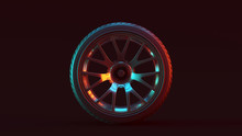 Silver Alloy Rim Wheel Retro Wheel With A Complex 14 Spoke Offset Open Wheel Design With Racing Tyre With Red Blue Moody 80s Lighting 3d Illustration 3d Render
