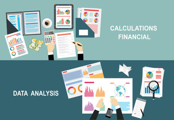 Wall Mural - Analyzes data. Analysis concept, flat design. Process research financial growth, statistics, data analysis, document, market, strategic, report. Development Planning. Vector