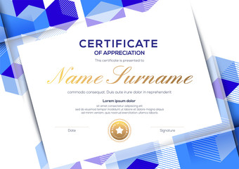 Wall Mural - modern certificate of completion template with blue abstract cube shape graphic background