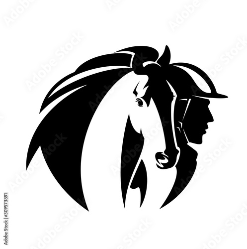 Fotomural horsemanship black and white vector emblem with horse head and man athlete weari